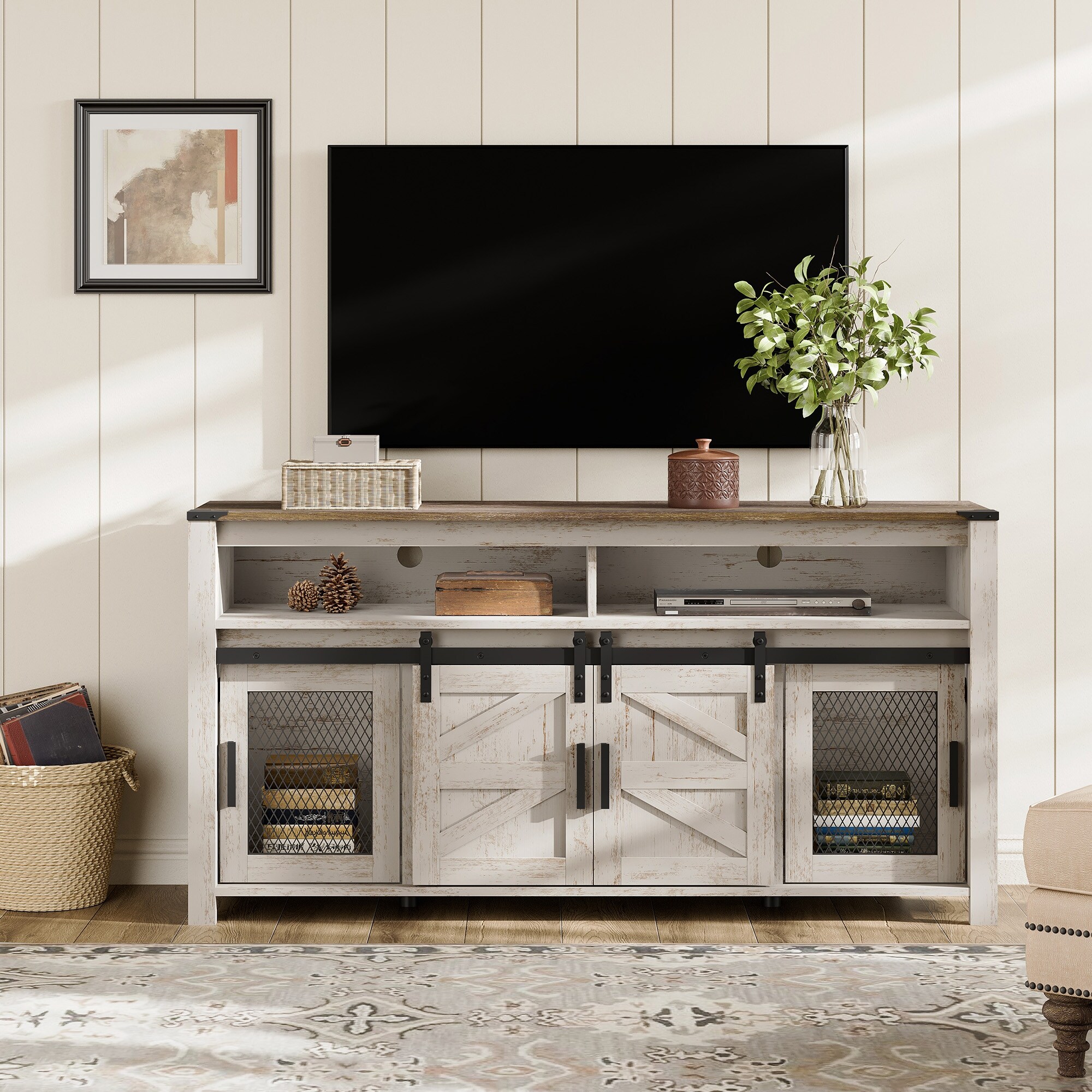 Wampat Farmhouse TV Stand for 65 inch TV Wood Entertainment Centre with Sliding Barn Door 59 Inches White